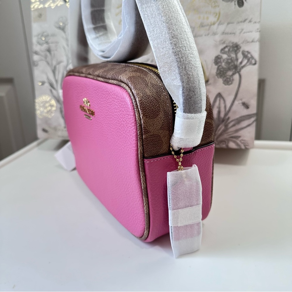 Coach Jamie Pink Tan Leather Crossbody Camera Bag CBM24 Signature Trim Print - Picture 6 of 16